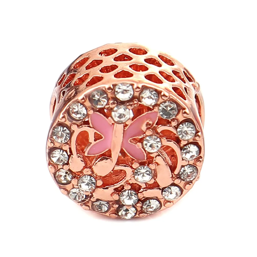

Doreen Box Zinc Alloy European Style Large Hole Charm Beads Hollow Cylinder Butterfly Rhinestone About 11mm( 3/8") Dia 3 PCs