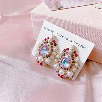 

MENGJIQIAO Korean Elegant Pearl Waterdrop Purple Crystal Dangle Earrings For Women Girls Fashion Oval Party Jewelry Brinco