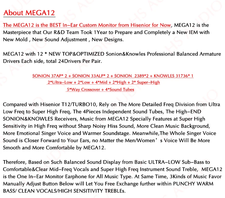 MEGA12 In Ear Monitor Custom Earphone Hifi Earbud Noise Cancelling with 12 Sonion Knowles Top Balanced Armature Receivers