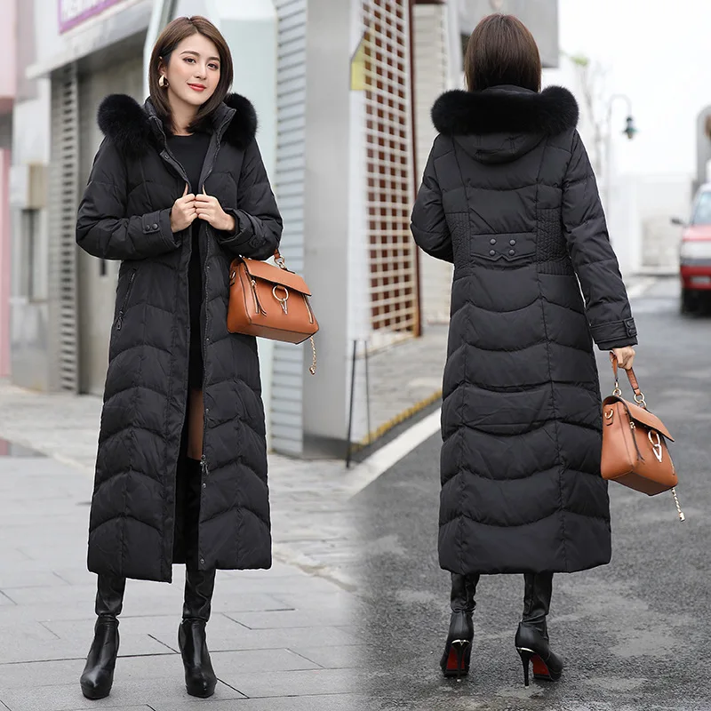 

White duck down coat show thin down jacket upset undertakes knee-high long coat S to 5XL