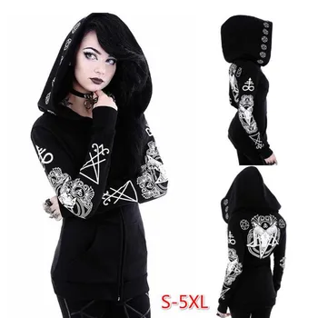 

Women Jackets Gothic Punk Long Sleeve Hooded Print Black Jacket Women's grils Coat Plus Size Casual coats f40