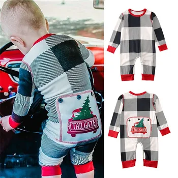 

2020 Xmas Newborn Baby Boy Girl Plaid Clothes long sleeve Christmas Tree print PP Romper Jumpsuit overall Bodysuits