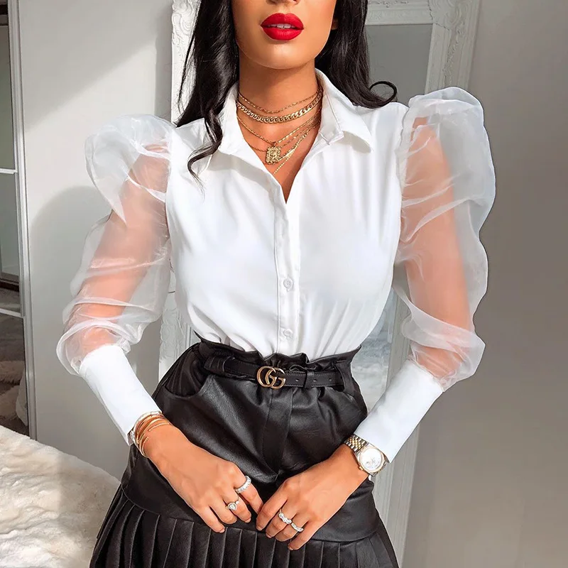 

Womens Fashion Blouse Mesh Sheer Puff Sleeve V Neck Button Elegant Blouses Tops Ladies Shirts Blusas Sexy Party Clubwear