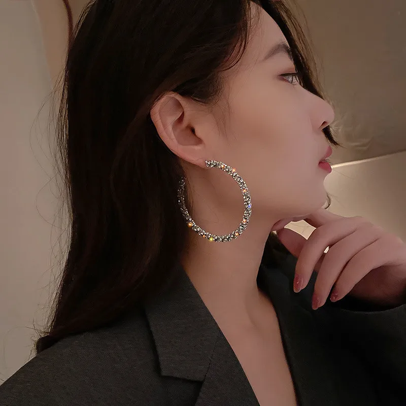 FYUAN Fashion Big Round Crystal Hoop Earrings for Women Bijoux Silver Color Rhinestone Earrings Statement Jewelry Party