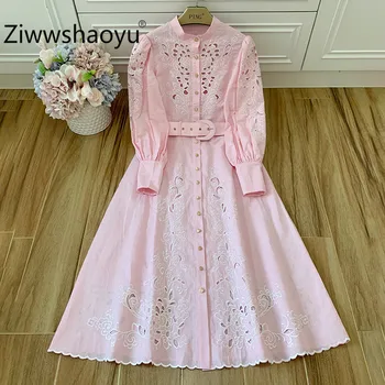 

Ziwwshaoyu 2020 Designer Brand Linen Midi Dresses Women's Fine Flowers Embroidery Stand Collar Boho Party Dress + Belt