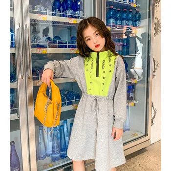 

2020 autumn new girls' high-neck sweater dress, big children's leisure sports, waist mid-length dress trend