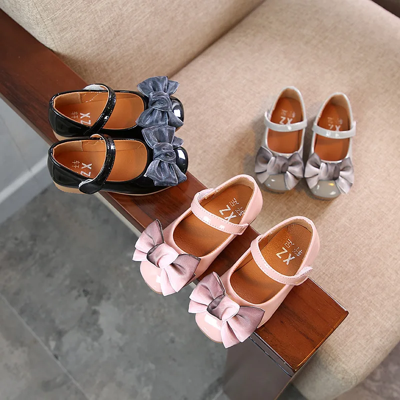 Pu Leather Fashion Bow Girls Flat with Shoes Casual Princess Girls Dance Shoes Size 26-36 Student Party Performance Shoes