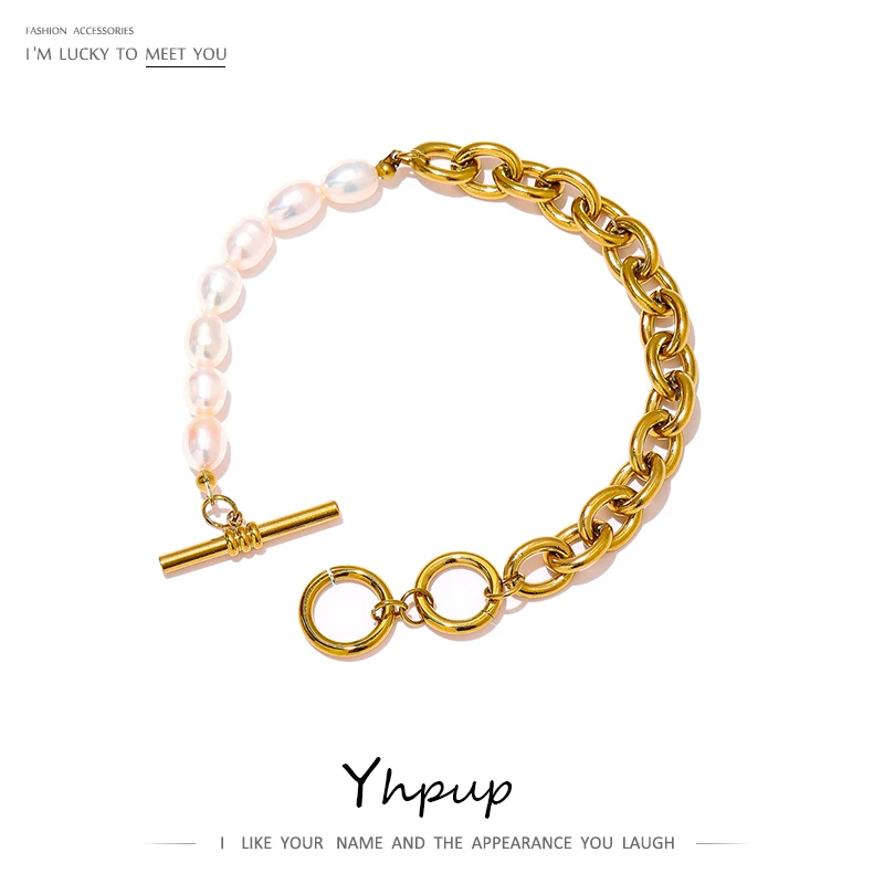 Elegant bracelet with natural pearls, interchangeable clasp chain, high-quality stainless steel, 18K metal bracelet