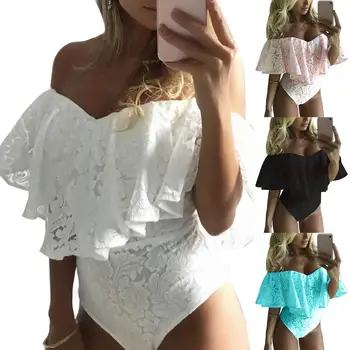 

Sexy Women Summer Off Shoulder Ruffled Solid Color Lace Jumpsuit Leotard Off Shoulder Ruffled Lace Jumpsuit Leotard Top Sexy