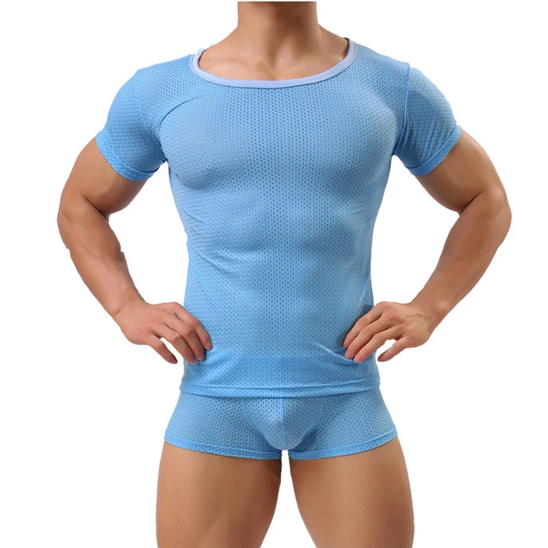 

Men Undershirts Sets Two Piece Shorts Sleeve Mesh T-shirts Sexy Pouch Boxer Shorts Sleepwear Plus Size Casual Fitness Underwear