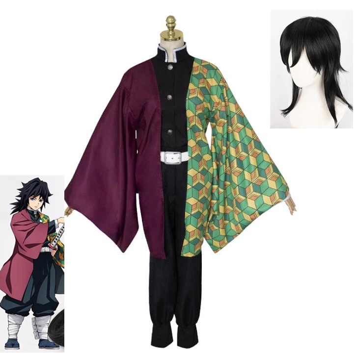 set and wig Аниме! Demon Slayer: Kimetsu no Yaiba Tomioka Giyuu Кимоно Готическая униформа косплей костюм комплект на Хэллоуин парик - Цвет: set and wig