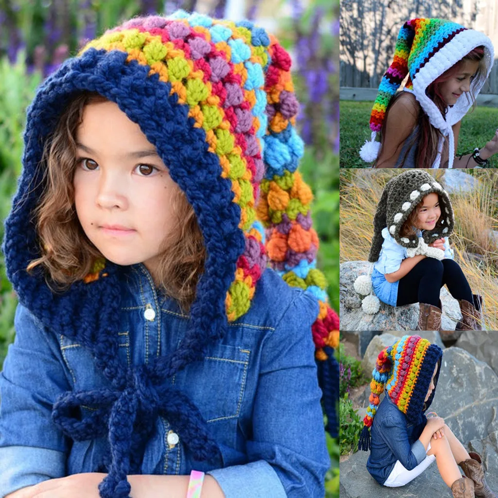 Keep Warm Christmas Winter Thickening Children Hat Crochet Rainbow Long Tail Knit Hat Fleece Lined Headwear kids kawaii ski hat