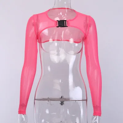neon pink Неоновый розовый сетчатый короткий топ с пряжкой и длинным рукавом Mujer Уличная Сексуальная футболка женская мода лето черная оранжевая укороченная футболка - Цвет: neon pink
