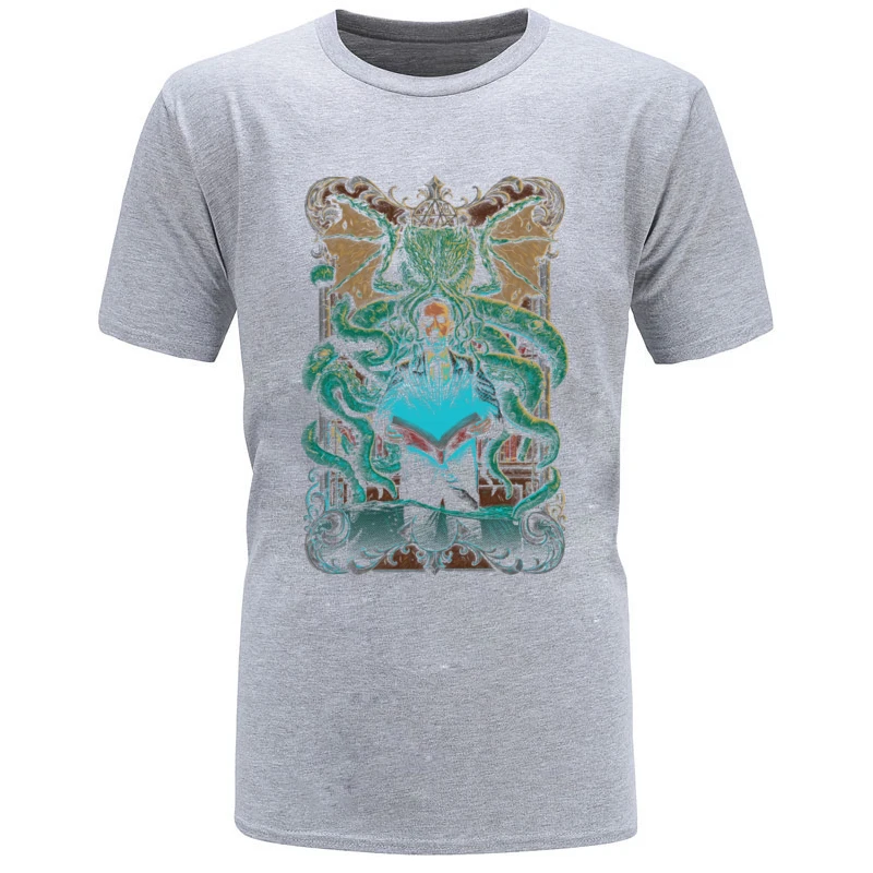calling_Cthulhu_7430 Summer 100% Cotton Fabric Round Neck T Shirt Short Sleeve Fashionable Tee-Shirts Classic Print Top T-shirts calling_Cthulhu_7430 grey