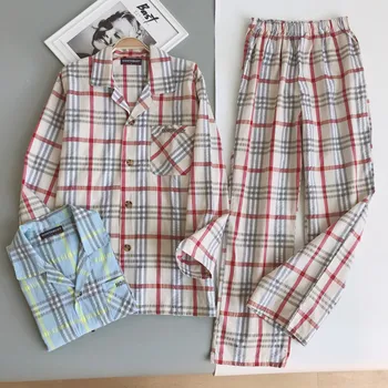 

Ladies' pajamas fall Plaid Seersucker Loose and thin air-conditioned room nightclothes 2 pieces Set