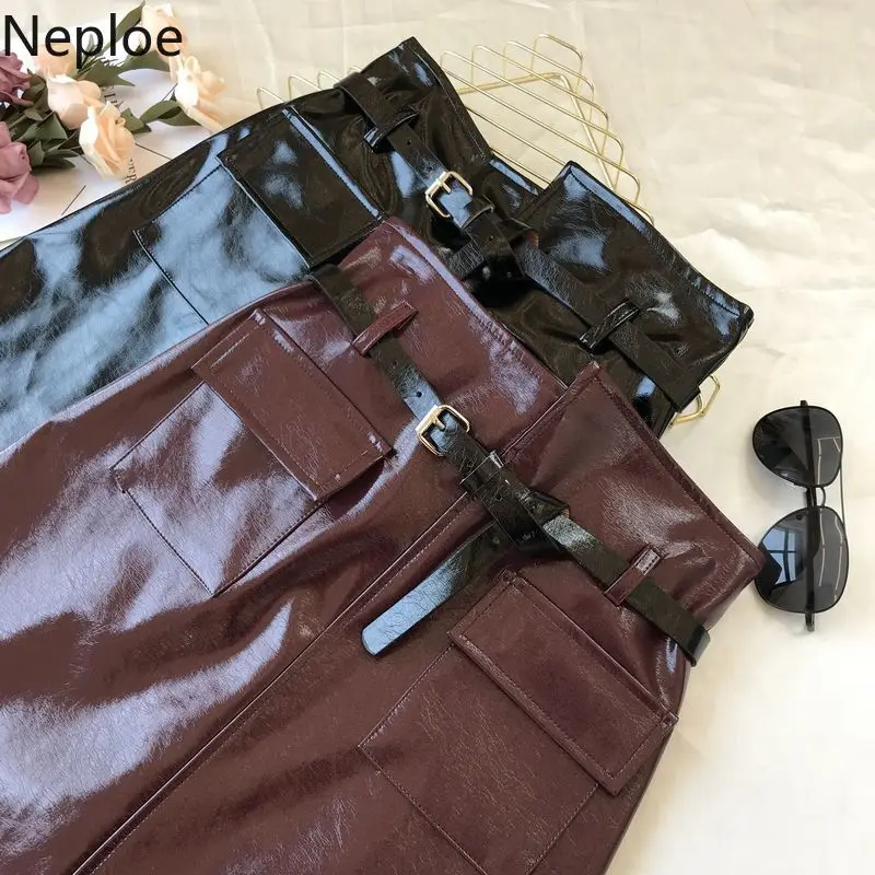 Neploe/осенне-зимняя модная кожаная юбка трапециевидной формы для женщин, ассиметричный, с высокой талией, хип-хоп Jupe Femme, черный карман, Faldas Mujer 46446