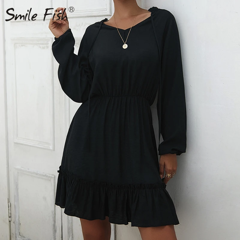 Tanie Kobiety sukienka Ruffles Kawaii śliczne dziewczyny jednolity kolor, długi rękaw, dekolt v Mini sukienki a line jesień zima Casual Ropa Mujer ubrania GV824