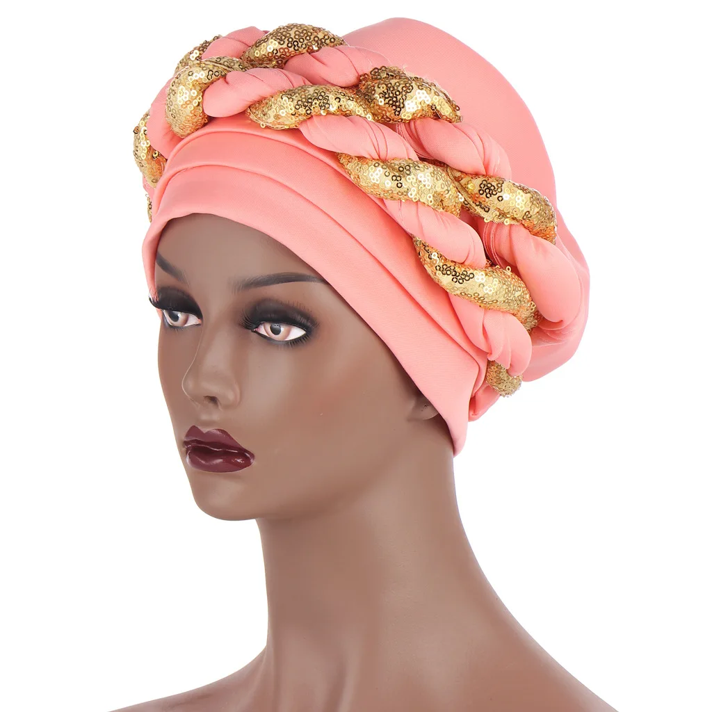 african attire for women 2021 Fashion African Auto Gele Headtie Sequins Braids Women's Turban Cap Muslim Headscarf Bonnet Ready to Wear Hijab Wedding Hat african wear for women