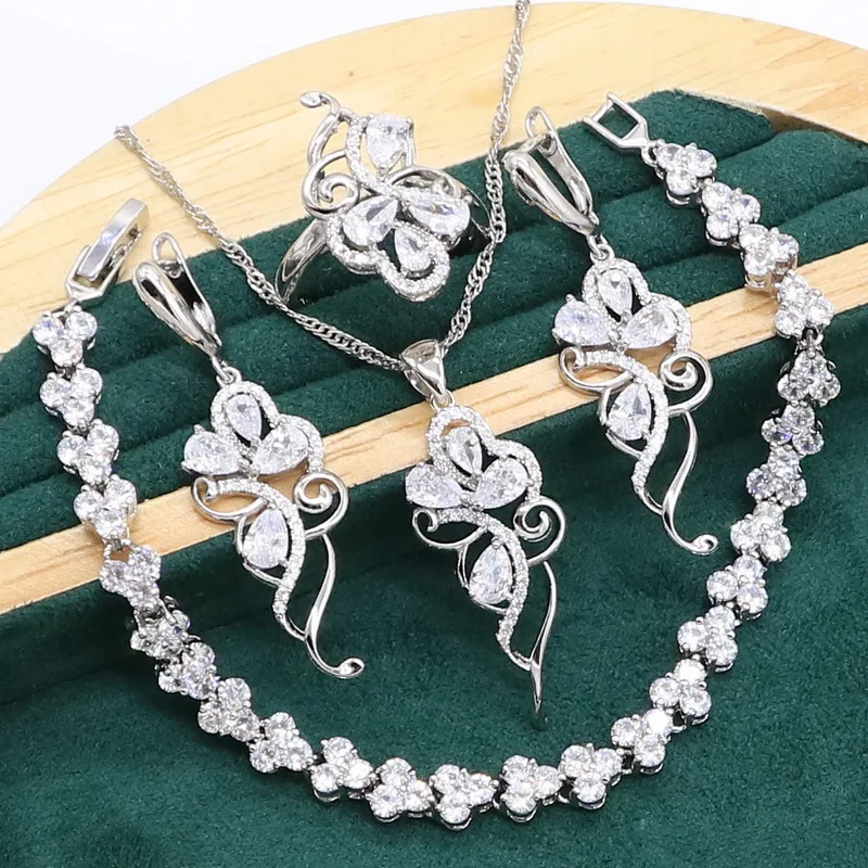 White Topaz 925 Sterling Silver Jewelry set for Women Bracelet Earrings Necklace pendant Ring Birthday Gift