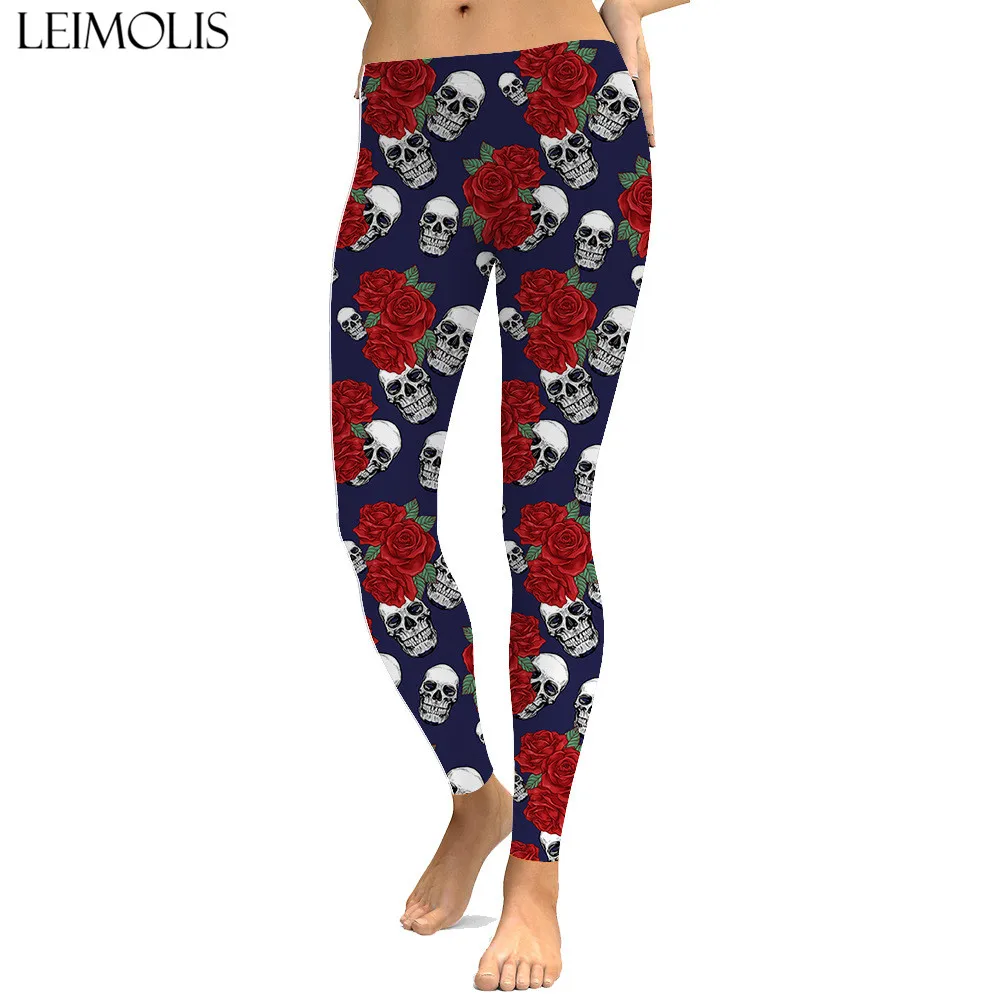 

LEIMOLIS sexy gothic rose flower black print push up leggings plus size women fitness workout punk high waist spandex leggins