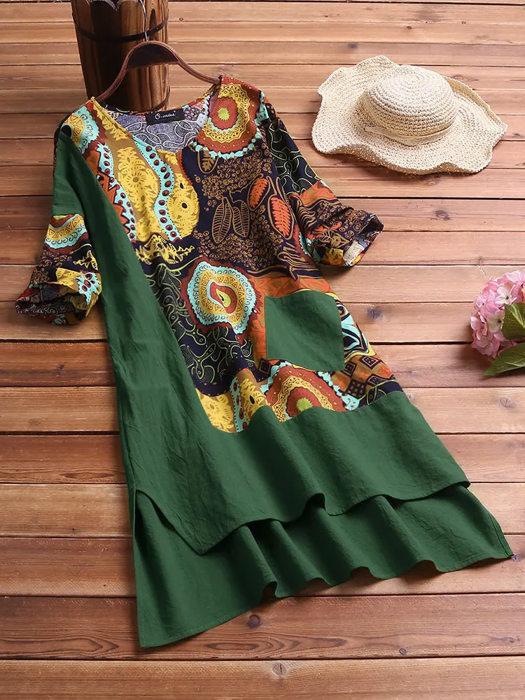 5XL Новое Женское платье из хлопка и льна, летнее ретро платье с неровной строчкой и принтом, женское платье с коротким рукавом размера плюс - Цвет: Зеленый