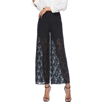 

Sexy Lace Crochet Pants Women Hollow Out High Waist Loose Wide Leg Pants Women Black Loose Casual Office Transparent Trousers