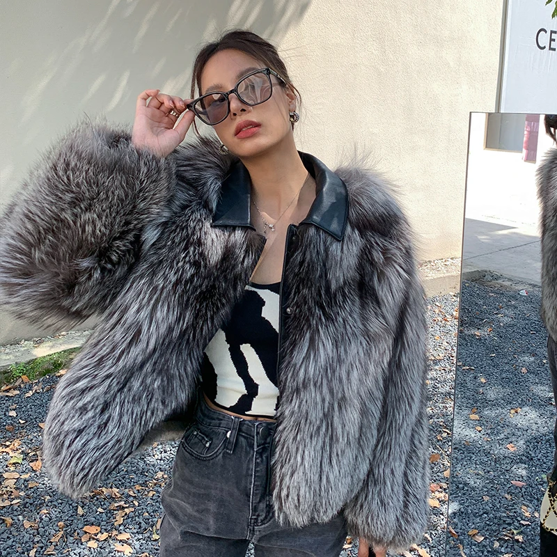 Short Natural Silver Fox Fur Jacket Leather Collar Overcoats Female 2022 New Winter Genuine Full Pelt Silver Fox Fur Coats Women