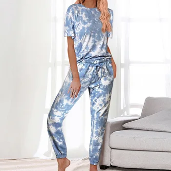 

Women Tie-dye Pajamas Suits Casual Daily Wears Short Sleeve Round Neck Top Pocket Long Pants Lady Two Pieces Sets 2020