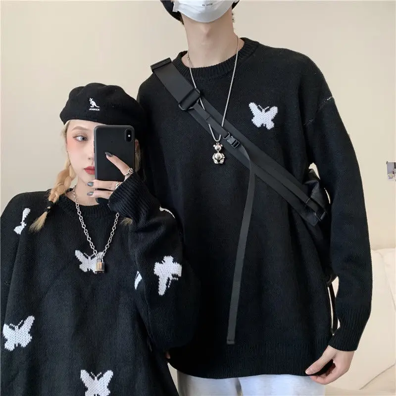 Gothic knitted top y2k streetwear Korean vintage casual butterfly print Oversized long-sleeved pullover autumn Harajuku punk Top cardigan for women