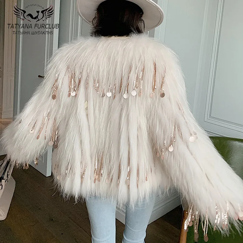 

Real Fur Coats For Women Fashion Raccoon Dog Fur Woven Fur Coat Women's Short long sleeve Stripe Tassel Sequin Overcoat Winter