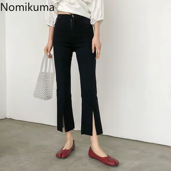

Nomikuma Black Jeans Solid Color High Waist Ankle Length Flare Pants Split Slim Denim Trousers Women Fashion New Bottoms 3a165