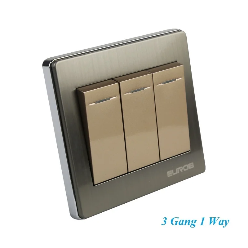 High Quality E9 Series Brushed Stainless Steel Gold Wall Switch With fluorescence 3 Gang Single Control Switch Socket Panel 1
