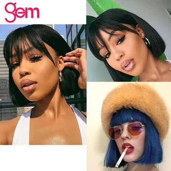 

Straight Human Hair Wigs For Black Women GEM Brazilian Remy Short Straight Human Hair Wigs With Bangs Bob Full Wig