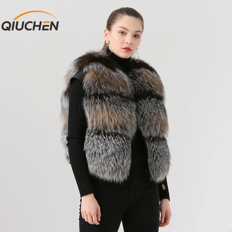 QIUCHEN PJ19079 Новое поступление натуральная черно-бурая лиса мех женский зимний жилет толстый мех модная модель высокого качества
