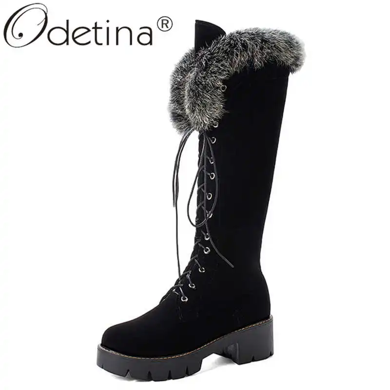 Odetina/женские модные сапоги до середины икры из искусственной замши с круглым носком на платформе женские зимние теплые зимние сапоги на толстом меху на среднем массивном каблуке