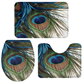 

3 Pieces Bathroom Set Peacock Feather Art Bath Set Toilet Cover Mat Pedestal Rug Non-Slip Bathroom Rug Set