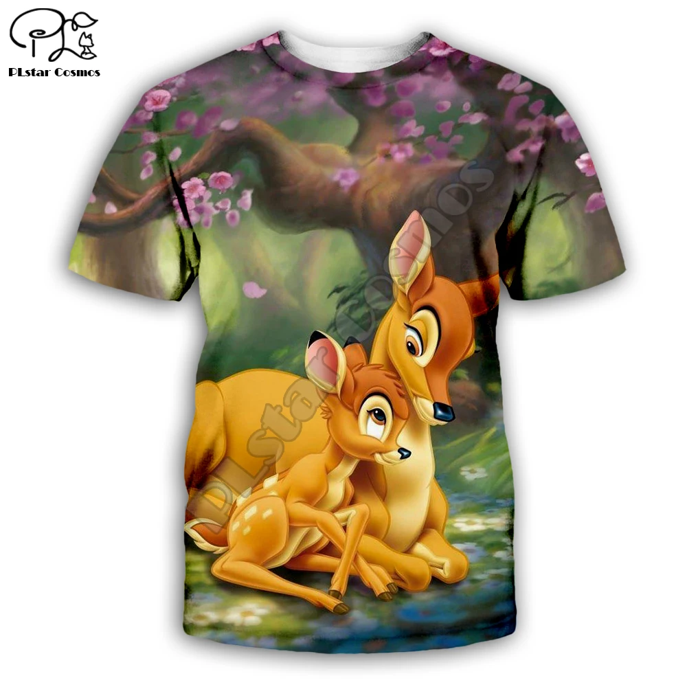 Bambi животных мультфильм олень стиль милые натуральные мужские и женские футболки забавный мультфильм 3d печать вырез лодочкой повседневные футболки Олень-002