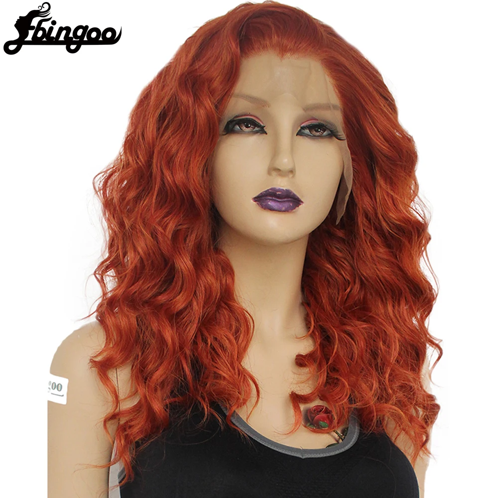 【Ebingoo】Long Deep Wave Golden Auburn Orange Pink Hair Wigs Synthetic Lace Front Wig For Women Free Part High Temperature Fiber