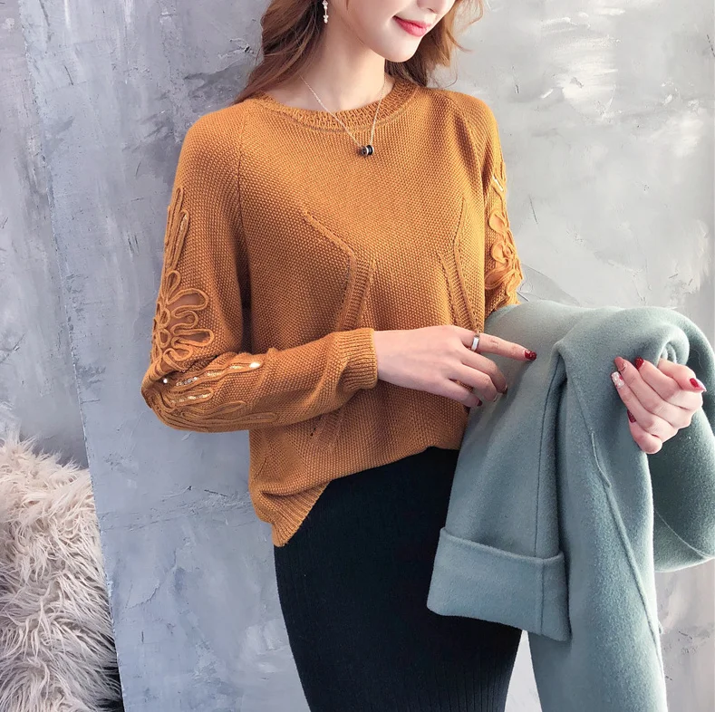 Dingaozlz новая стильная кружевная рубашка женские вязаные пуловеры корейская мода одежда с круглым воротником вышивка свитер с длинными рукавами