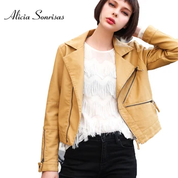 

2019 Winter Leather Jacket Women Short Slim Yellow Zippers Pockets Pu Faux Leather Jackets Black Motorcycle Biker Coats