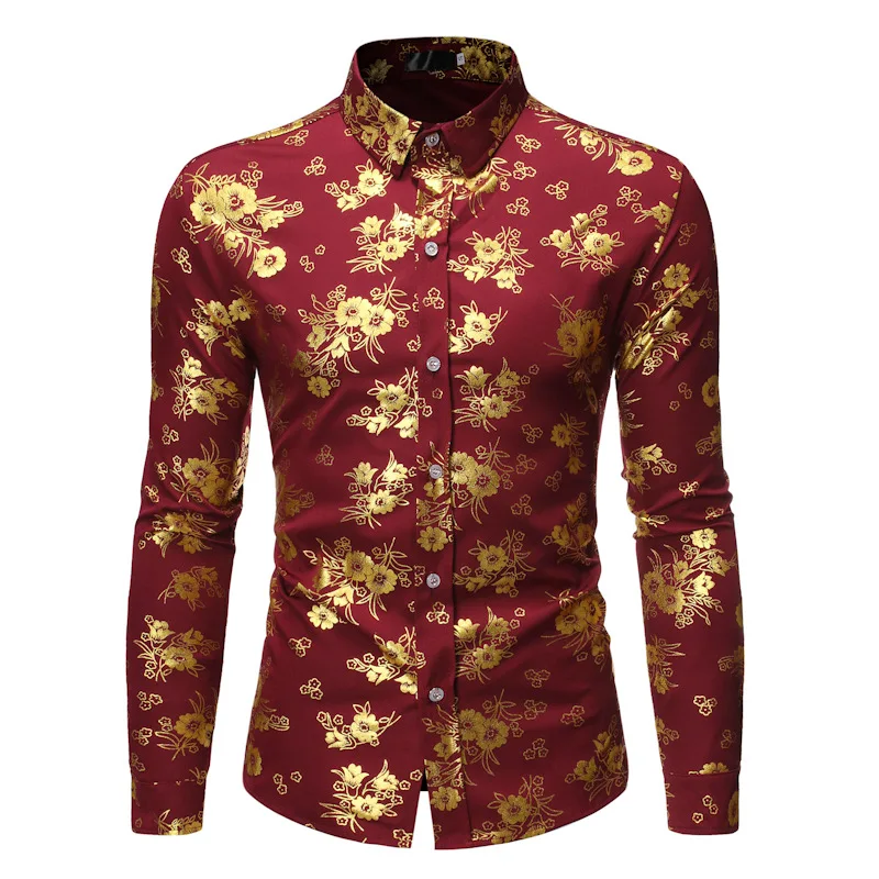 

Men's Fancy Flowered Gold Print Dress Shirt Men New Luxury Design Slim Fit Men Tuxedo Shirts f