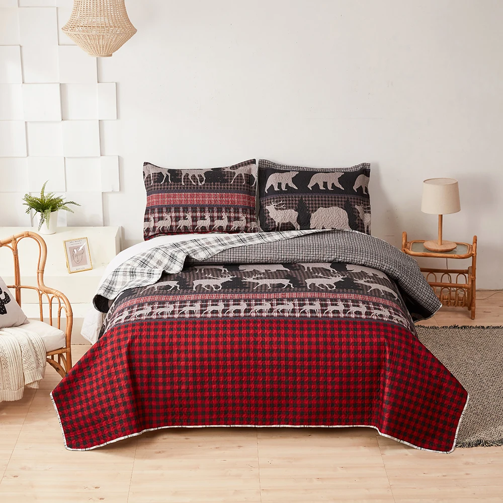 3PCS Quilt Sets King Bear Deer Bedspread Lightweight Red Black Bedding Sets Hone Decor Gift Bed Sheet  Reversible Coverlet Sets