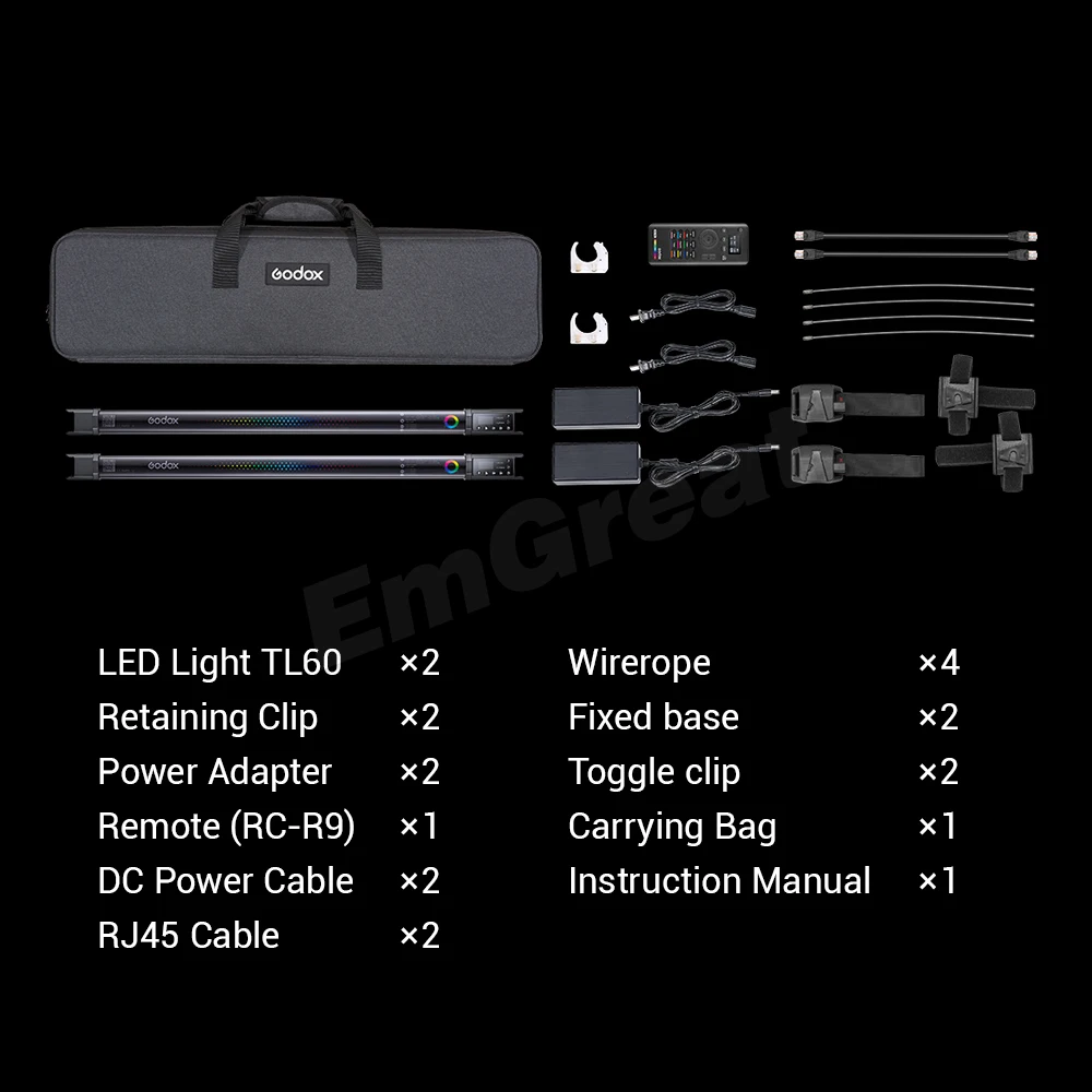 Godox TL60 4-Light Kit RGB Tube Light 2700k-6500K Adjustable 39 Light Effects App Supports Color Gel Mode and Color Picker CRI 96 TLCI 98 Accurate Color Supports APP/Remote/DMX Control