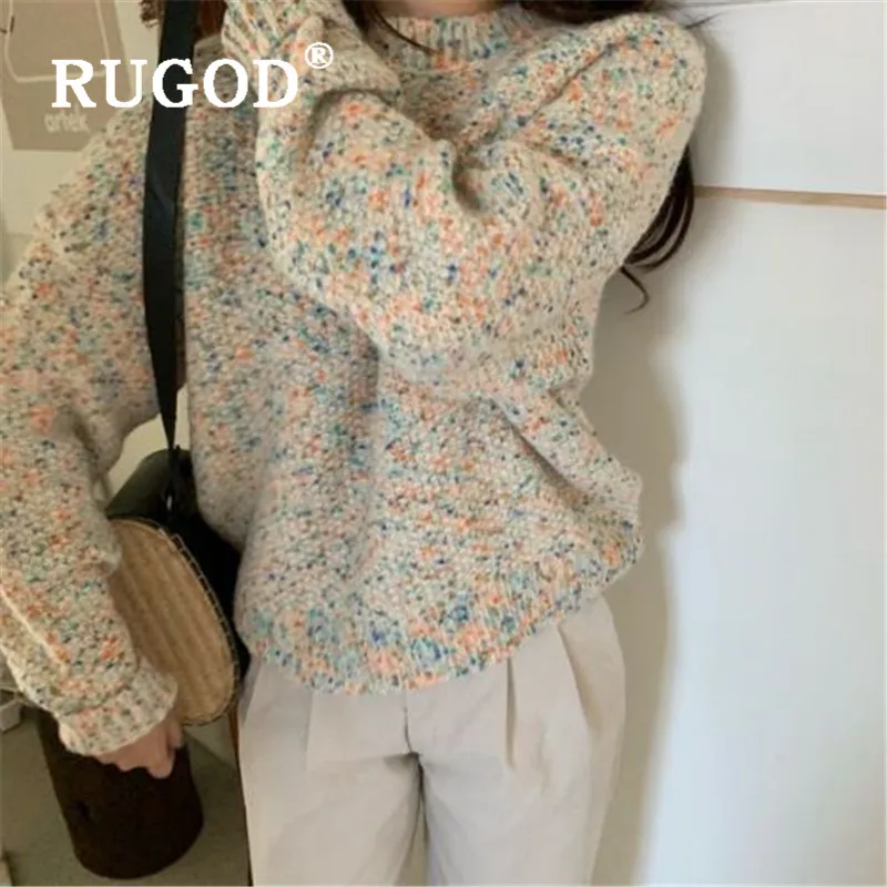 RUGOD зимний теплый цветной женский свитер с круглым вырезом и длинным рукавом, свободные мягкие вязаные пуловеры, Модные женские шикарные корейские Топы