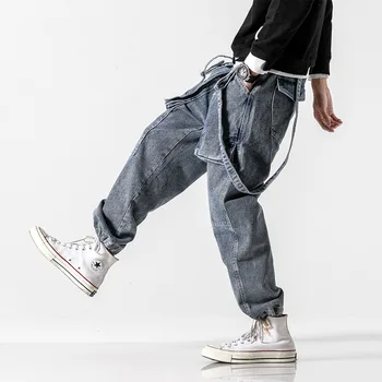 

Hip Hop Denim Pants Men Fashion Jeans Men Straight Loose Mid-waist Denim Overalls Korean Style Light Blue Jeans For Men