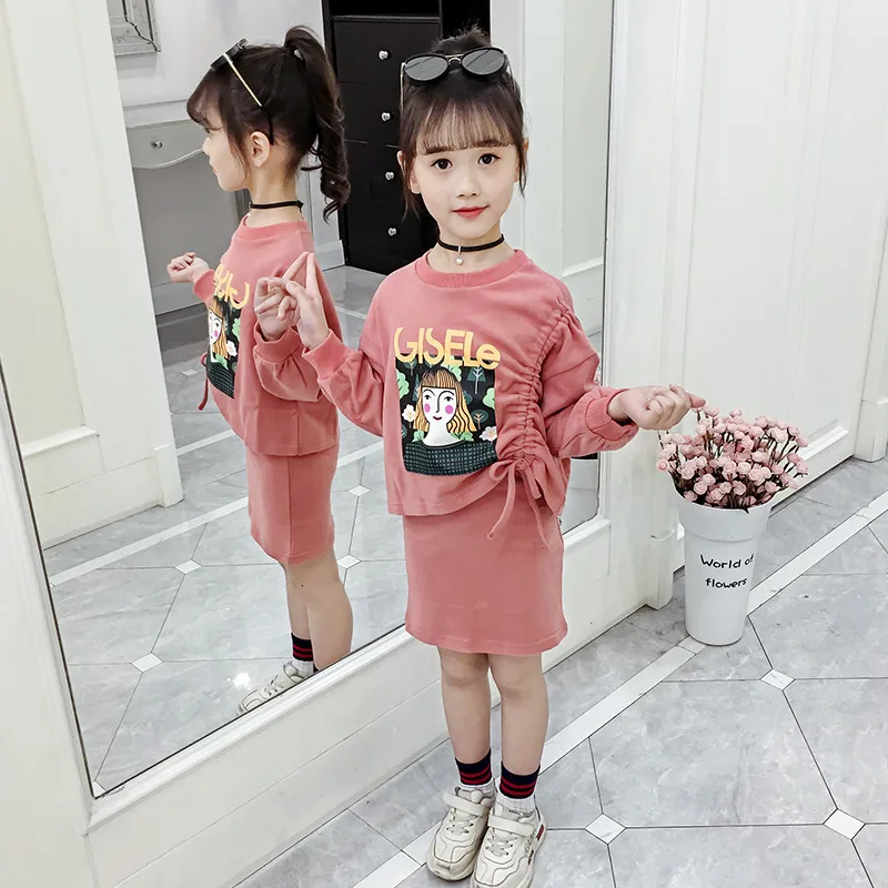 pink Комплекты детской одежды для девочек, костюм с длинными рукавами весенне-осенние детские топы с рисунком+ юбки, комплект из 2 предметов, одежда для маленьких девочек, спортивный костюм - Цвет: pink