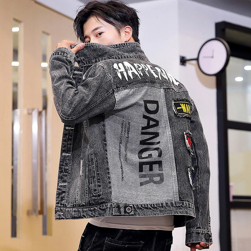 Chaquetas de Jean para hombre nuevas chaquetas de mezclilla de Pachwork estampados de letras abrigos de algodón de alta calidad para hombres abrigos mezclilla para hombre| | - AliExpress