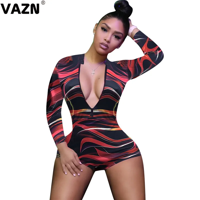 VAZN GYD18082 chic design summer sexy lady colors bodysuit full sleeve zipper fly skinny jumpsuit lady sexy club jumpsuits