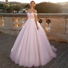 Loverxu, розовое милое бальное платье, блестящие свадебные платья, аппликации с открытыми плечами, кружевные свадебные платья со шлейфом размера плюс