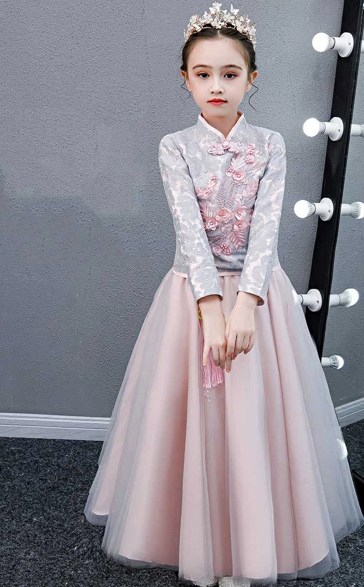 Hanfu/розовый китайский новогодний костюм для девочек, Восточное вечернее платье, плотное свадебное платье с длинными рукавами, детское кружевное платье Ципао